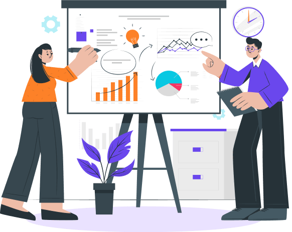Two people brainstorming and analyzing data on a whiteboard