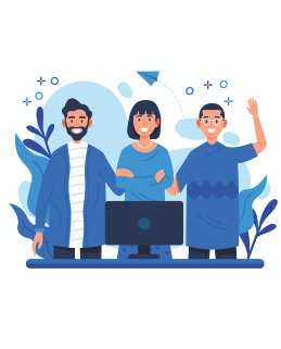 Illustration of three team members standing together behind a computer