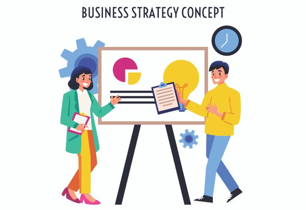 Two people discussing business strategy in front of a presentation board