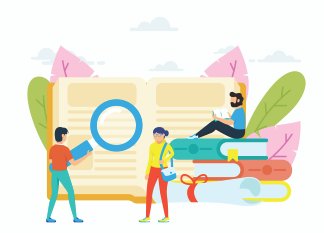 Illustration of people reading and studying around a large open book