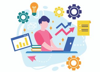 Person working on a laptop surrounded by charts, gears, and arrows