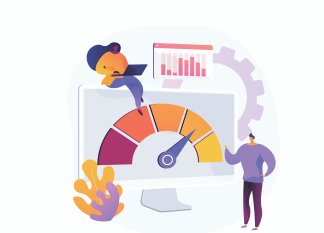 Two people checking a speedometer gauge on a large computer screen
