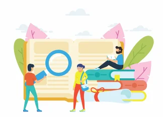 People researching and learning around an open book illustration